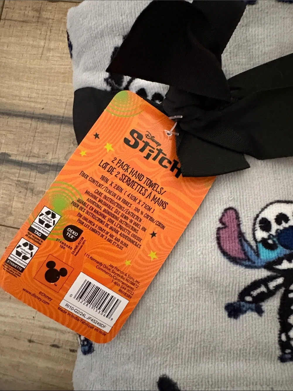 Set of Two Disney Stitch Halloween hand Towels Light Gray, Blue & Black
